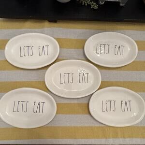 RAE DUNN Let's Eat Oval Appetizer Plates Set of 5 White 8" Artisan Farmhouse‎